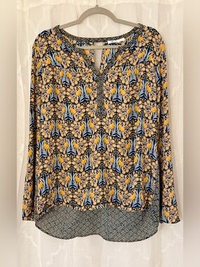 DR2 Large Navy Mustard Floral Mixed Print Boho Tunic Blouse